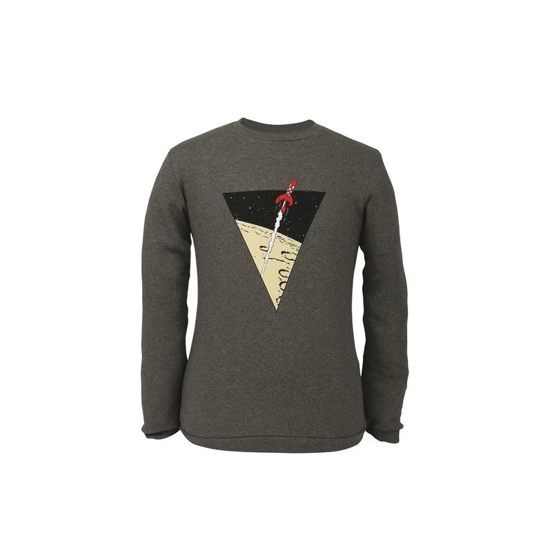 Dark grey unisex crewneck sweatshirt featuring a graphic design of Hergé's red and white checkered moon rocket blasting off from a yellow lunar surface, enclosed inside a sharp black triangle.
