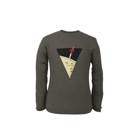 Dark grey unisex crewneck sweatshirt featuring a graphic design of Hergé's red and white checkered moon rocket blasting off from a yellow lunar surface, enclosed inside a sharp black triangle.