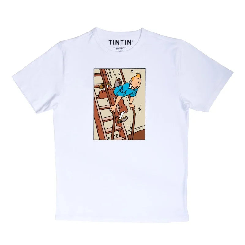 A child's white cotton crewneck t-shirt with Hergé's classic illustration of Tintin on a staircase.