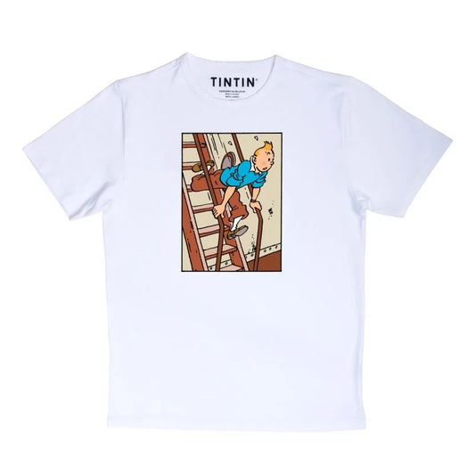A child's white cotton crewneck t-shirt with Hergé's classic illustration of Tintin on a staircase.