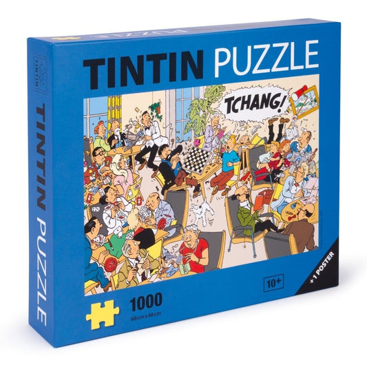 Blue Tintin 1000-piece puzzle box titled Tchang, featuring Hergé's classic illustration of absolute chaos in a Swiss alpine resort common room as a chessboard is knocked over.