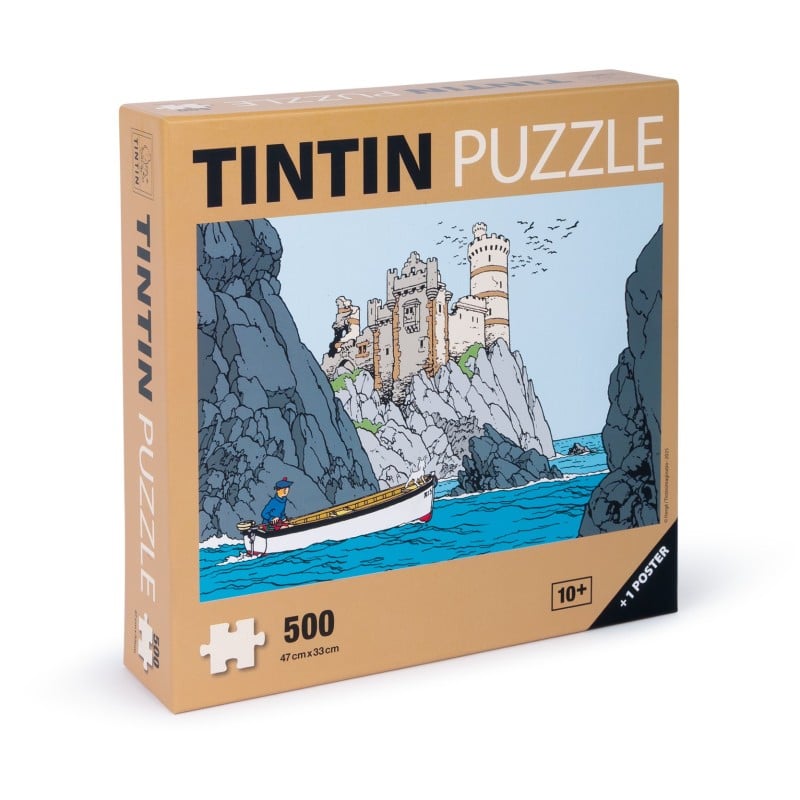 The Black Island 500-piece Tintin puzzle box showing Hergé's illustration of Tintin and Snowy in a motorboat looking at Kiltoch Castle on a rocky island cliff.