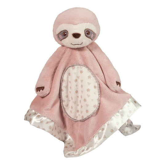 Pink sloth plush baby snuggler with soft fabric, embroidered features, and patterned satin trim for cuddling and sensory play