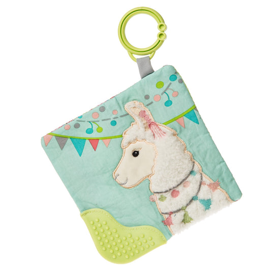 Colorful baby llama teether toy with crinkle square, festive design, and green attachment ring for strollers or cribs