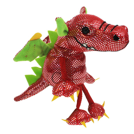 Red dragon finger puppet with green spikes and polka dot pattern, ideal for storytelling and play, suitable for ages 1+