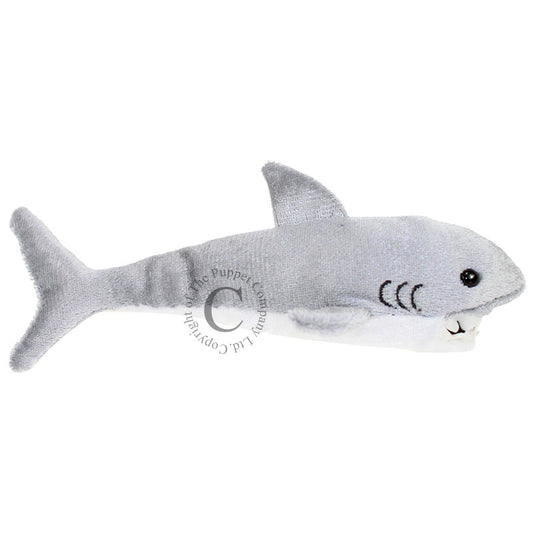 Plush gray great white shark finger puppet toy for storytelling and play, 7 inches long