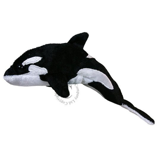 Plush orca whale finger puppet toy, black and white, 6.5 inches long, for storytelling and play
