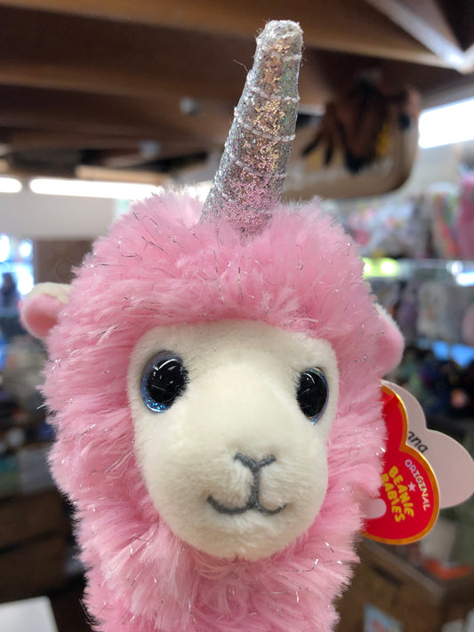 Ty Beanie Baby Lana, pink plush llamacorn with glittery silver horn, blue eyes, and soft fuzzy fur
