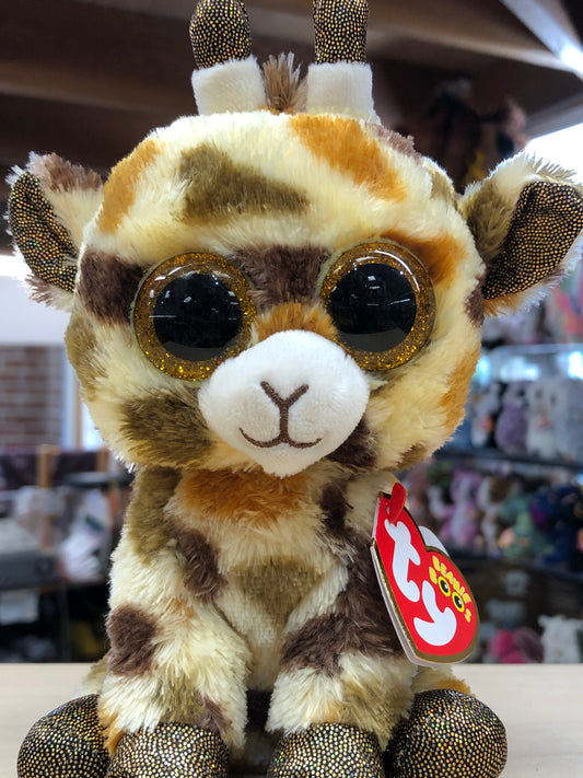 Adorable Ty Beanie Boo Stilts giraffe plush toy with large sparkly eyes and soft yellow-brown fur, perfect for cuddling