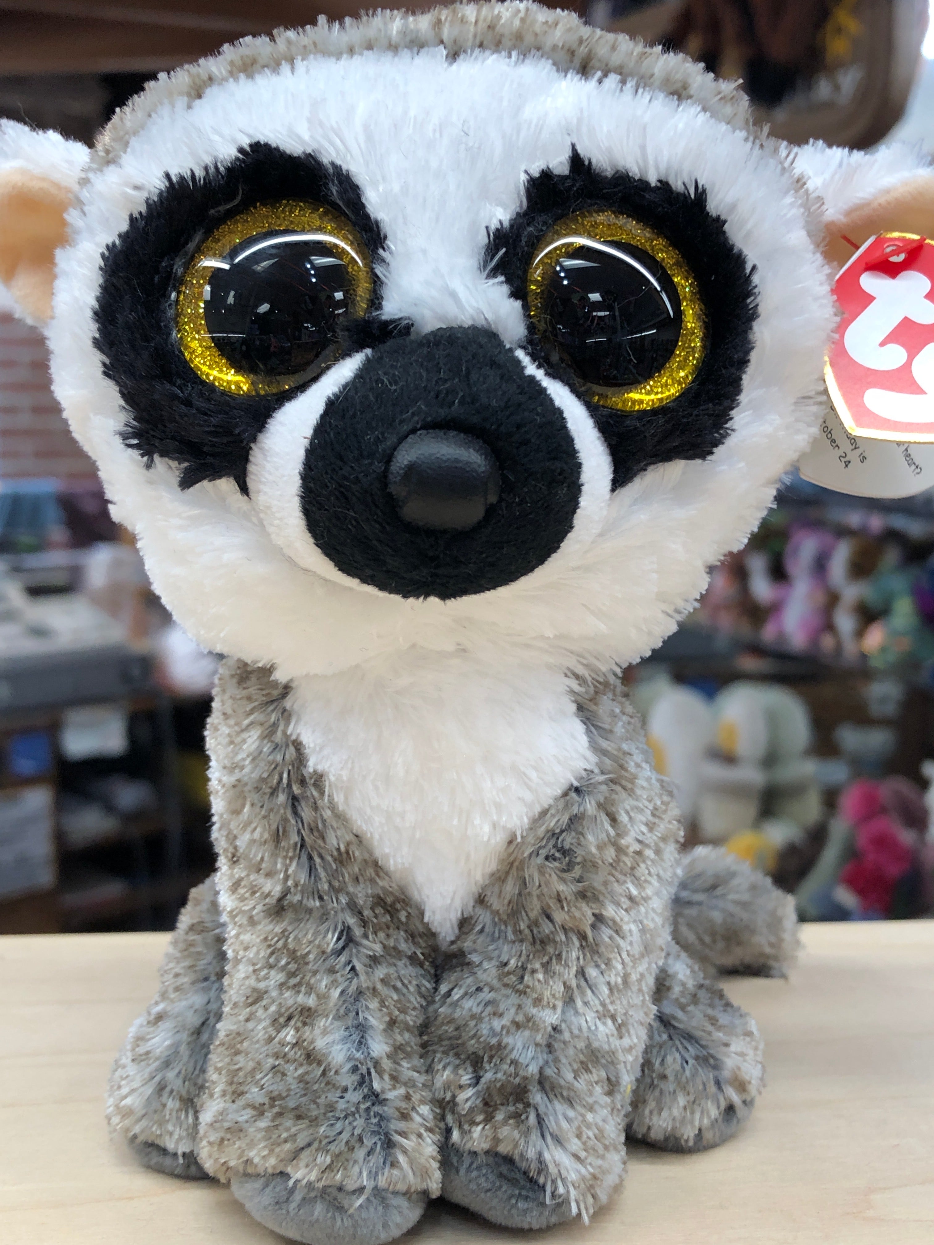 Peluche Ty Beanie Boos – Lemure Linus, Grigio E Bianco, Occhi Dorati Glitterati, 15 Cm, Morbido E Collezionabile, Regalo Per Bambini