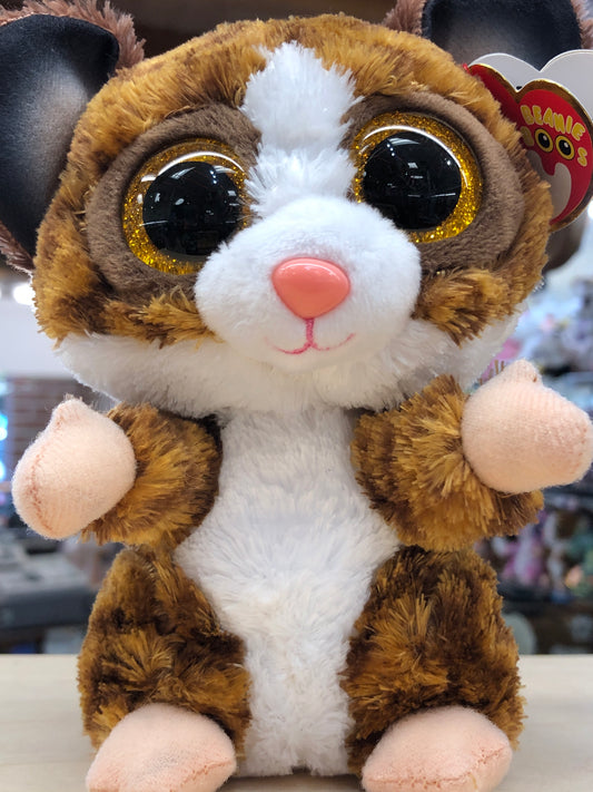 Ty Beanie Boo Binky, adorable brown bush baby plush with large glittery eyes, soft fur, and pink nose, perfect for nighttime play