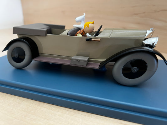 Tintin Mercedes 1/24 scale model from Land of the Soviets, olive green vintage car with Tintin figurine, on blue display base