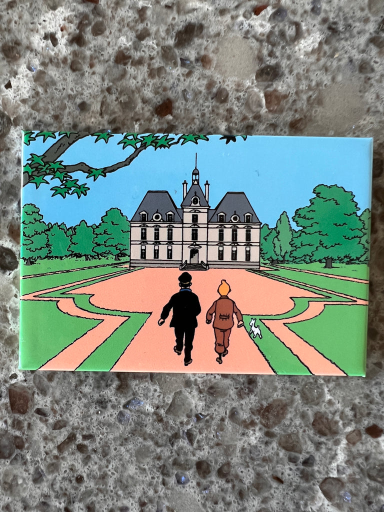 Tintin and Captain Haddock on the grounds of Moulinsart Castle.  Magnet is 7.9cm (2.1") x 5.3cm (3.1"). 
