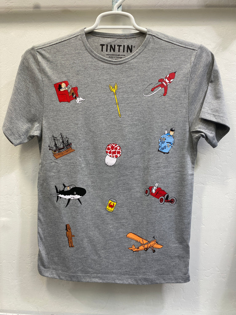 Tintin Icons T Shirt Grey Adult