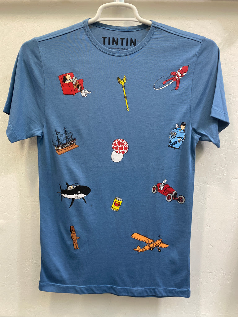 Tintin Icons T Shirt Blue Adult