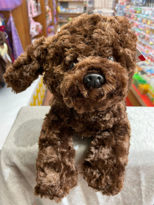 Gund Cocco plush chocolate lab puppy with floppy ears and soft brown fur, displayed in toy store setting