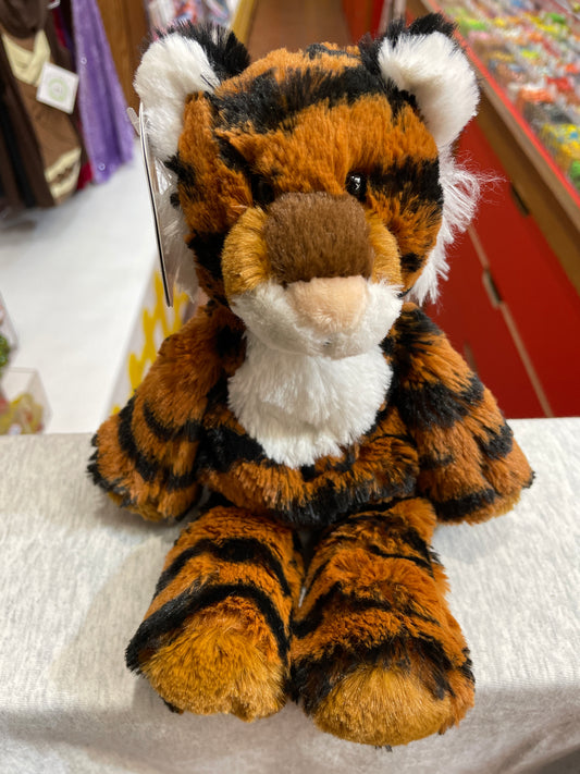 Soft, cuddly 9-inch Marshmallow Zoo Junior Tiger plush toy with orange and black stripes, white belly, and fuzzy texture