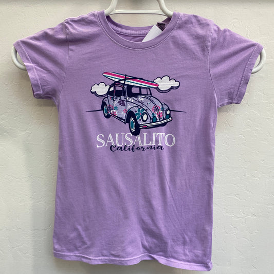 Purple kids' t-shirt with Sausalito California design featuring floral VW Beetle with surfboard on roof