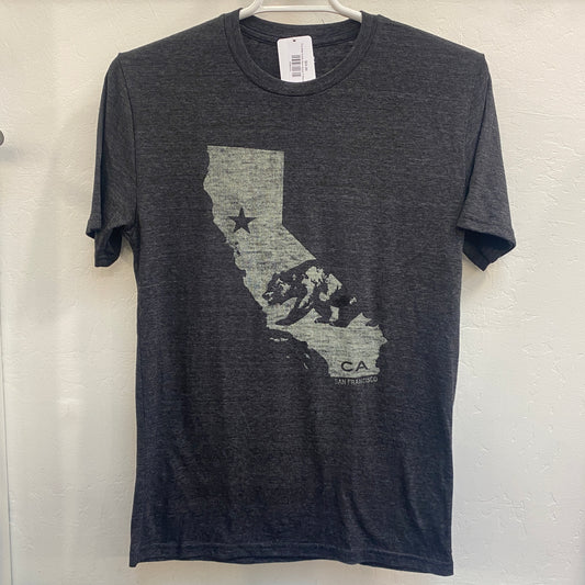 Black unisex t-shirt with California state outline, bear silhouette, and star design, hanging on display