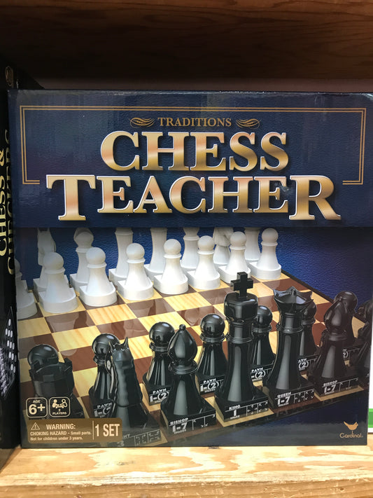 Traditions Chess Teacher set with large pieces marked with movement directions, ideal for learning chess rules and strategies