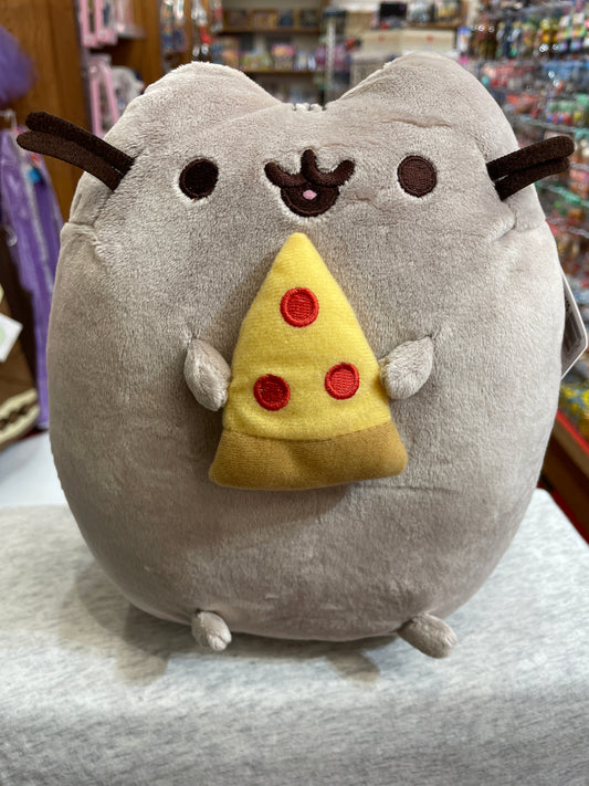 Cute Pusheen plush toy holding pizza slice, gray tabby cat design with adorable facial features, 9.5" soft stuffed animal