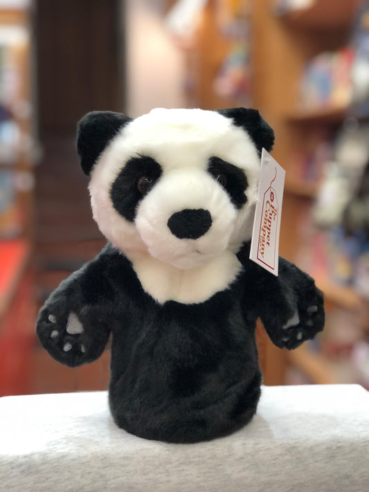 Plush panda hand puppet from The Puppet Company's CarPets collection, designed for family car journeys, with product tag attached