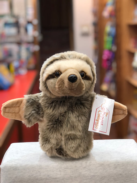 Adorable Puppet Company CarPets sloth hand puppet with fuzzy brown fur and wide eyes, perfect for car journey entertainment