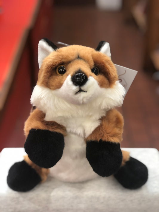 Cuddly full-bodied fox puppet with realistic features, soft orange and white fur, and black paws, perfect for imaginative play