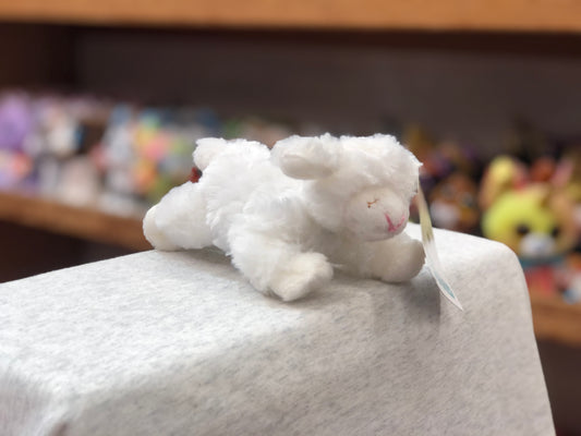 Soft white Gund Winky lamb rattle toy for babies, displayed on white surface with colorful toys in background