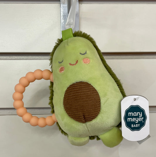 Mary Meyer Baby Yummy Avocado Rattle, plush green toy with embroidered face, corduroy pit, and peach teething ring