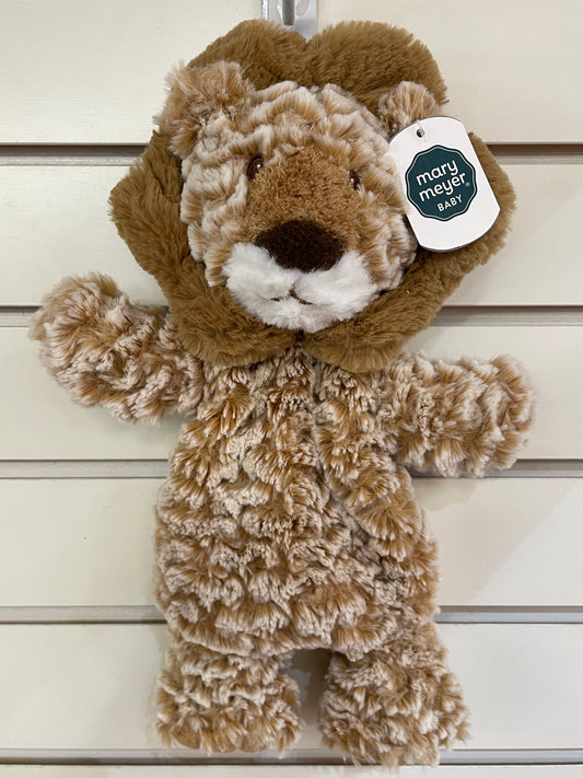 Plush Mary Meyer baby lion lovey with tan textured fur, embroidered face, and attached brand tag, displayed on white background