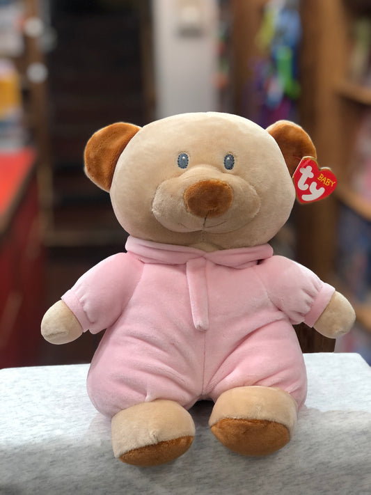Soft Ty Baby PJ Bear plush toy in pink pajamas, featuring a hooded onesie and cute round face, perfect for newborns