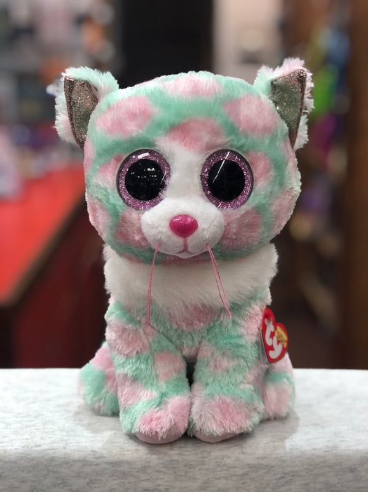 Ty Beanie Boo Opal cat plush with pastel pink and mint fur, large sparkly eyes, white collar, and Ty tag