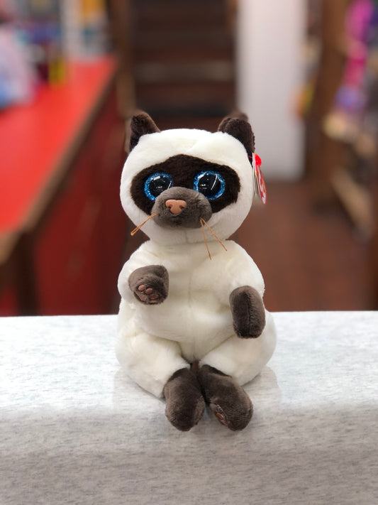 Ty Beanie Bellies Miso the Siamese cat plush toy with sparkly blue eyes, sitting upright in a soft, huggable pose