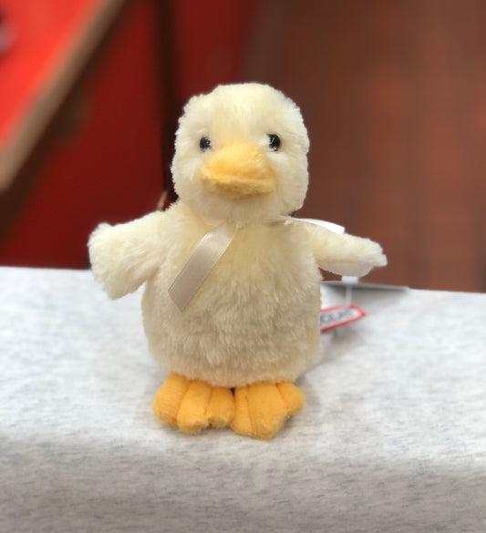 Adorable yellow baby duck plush toy with orange feet and bill, wearing a ribbon, perfect for cuddling and gifting
