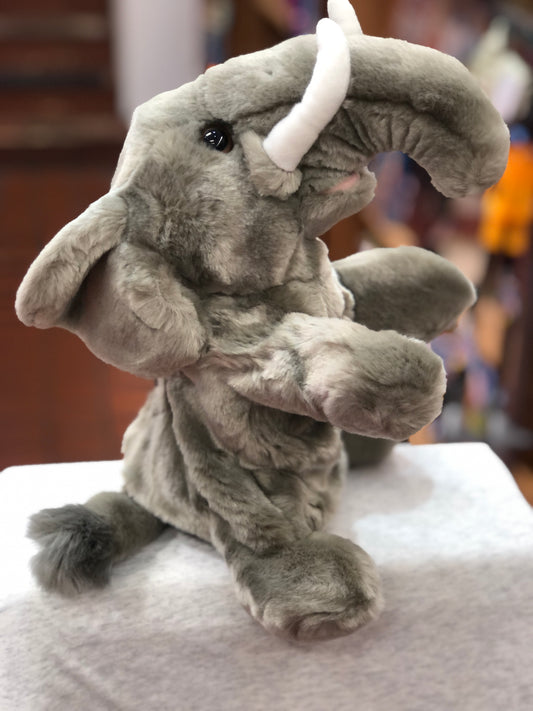 Cuddly gray elephant full-bodied puppet with white tusks, soft fur, and movable limbs, perfect for interactive play