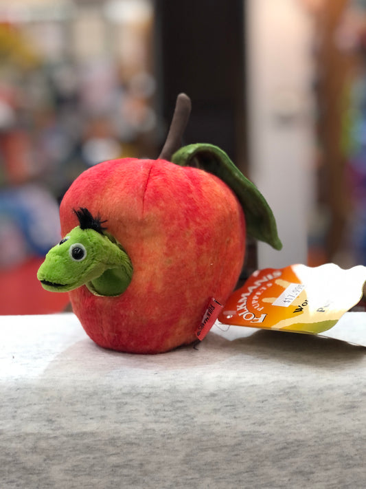 Folkmanis Worm in Apple puppet, plush red apple with green worm peeking out, children's toy for imaginative play