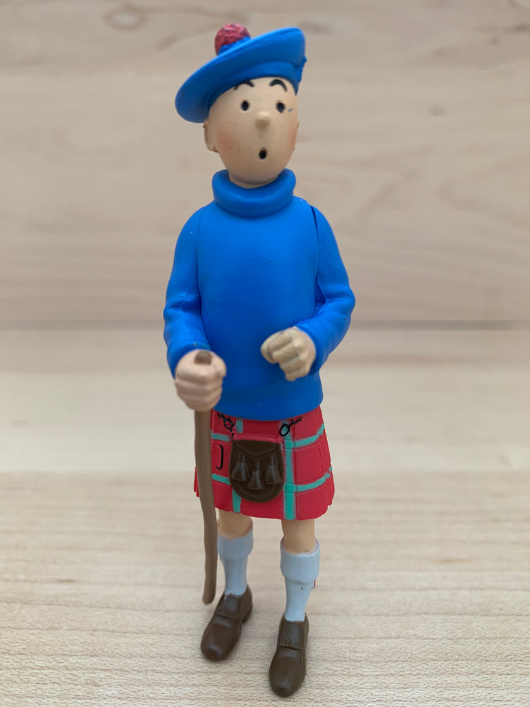 From ﻿The Adventures of Tintin, The Black Island,﻿ Tintin appears in traditional Scottish highland dress. The 8cm (3.1") tall hand painted PVC mini figure is just the perfect size to stand on your desk, be a travel talisman, or another addition to your Tintin collection.