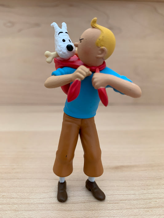 Tintin mini figure carrying Snowy on back, from 'Prisoners of the Sun' adventure, hand-painted PVC collectible