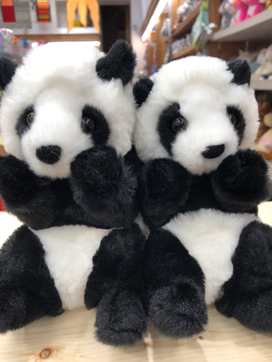 Soft, cuddly Douglas panda bear plush toys with realistic black and white fur, sitting together on a store shelf