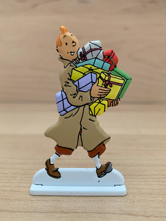 Tintin Christmas metal relief figure carrying colorful gifts, hand-painted 5.5cm collectible from Moulinsart 2002