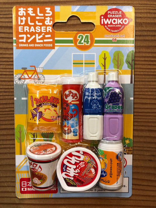 Japanese eraser set featuring miniature drinks and snacks, including ramen, chips, milk, and soda, packaged as convenience store items