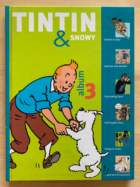 Tintin and Snowy Album 3 activity book cover featuring cartoon characters and preview of puzzles, games, and stories inside