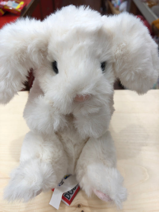 Soft cream Douglas Lil' Handful bunny plush toy with floppy ears and black eyes, sitting upright on wooden surface