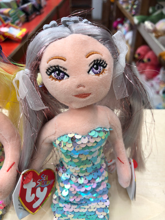 Ty Sea Sequins Athena mermaid plush toy with platinum hair, color-changing sequin dress, and embroidered face features