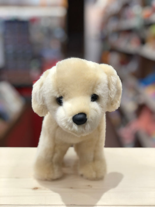 Adorable 10" Yellow Lab plush toy, Zach, with soft cream fur and expressive brown eyes, standing on display