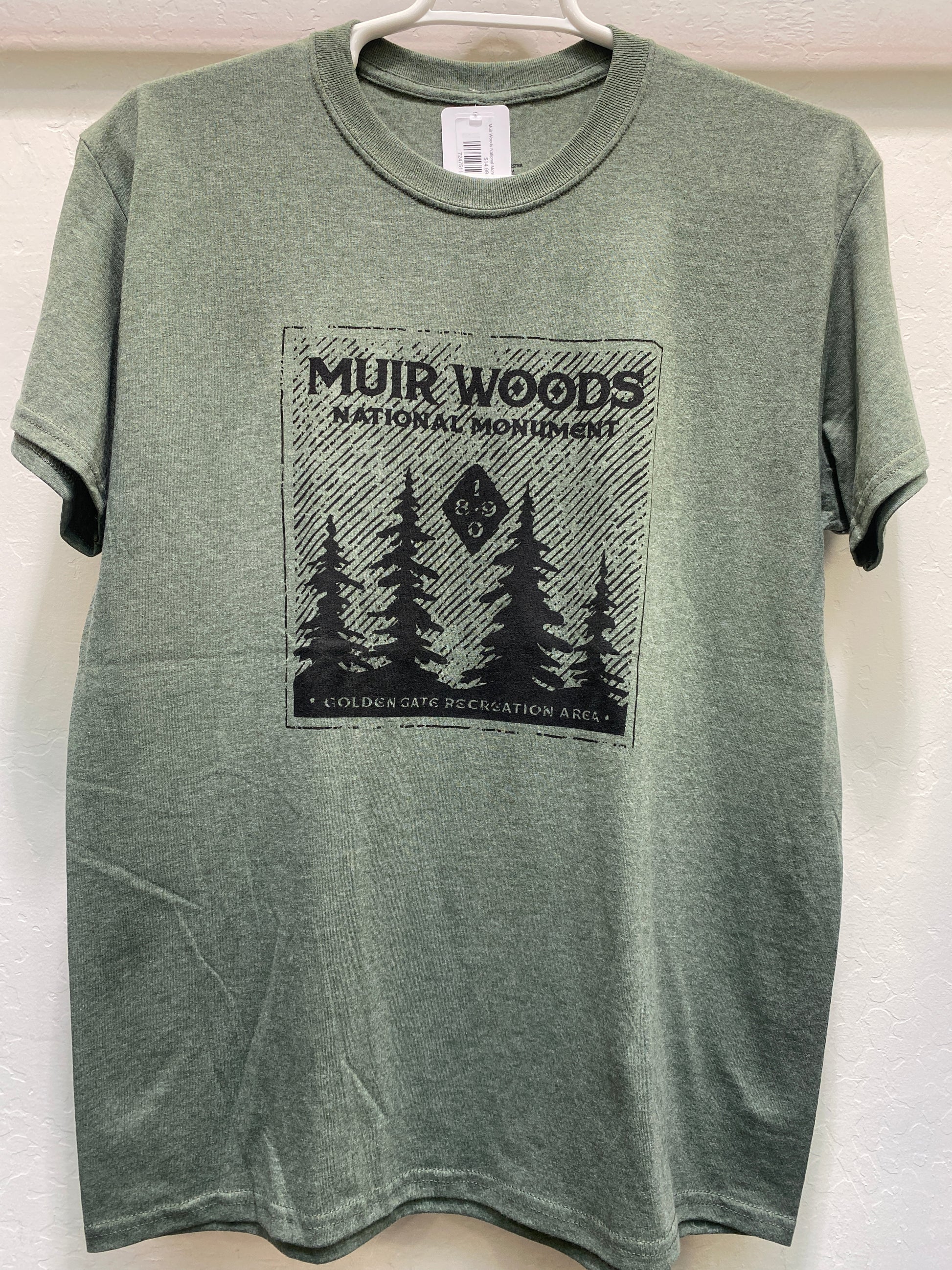 Forest green heather t-shirt featuring a black graphic print of silhouetted giant sequoia trees under the text "Muir Woods National Monument" and "Golden Gate Recreation Area".