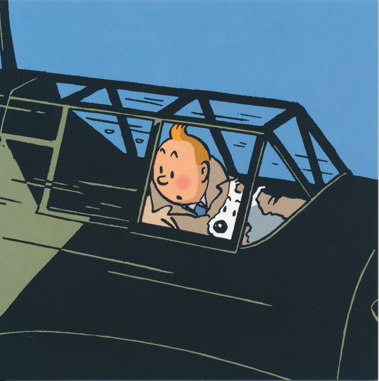 Tintin and Snowy in airplane cockpit, comic illustration from note card featuring iconic Belgian characters on adventure