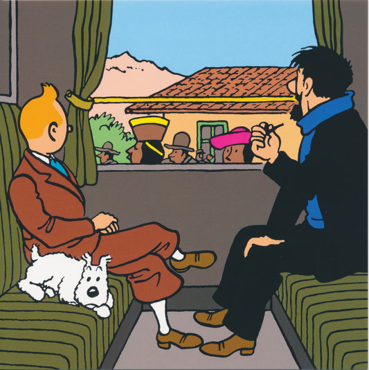 Tintin and Snowy on train, seated across from man, viewing passengers through window. Colorful comic illustration for notecard.