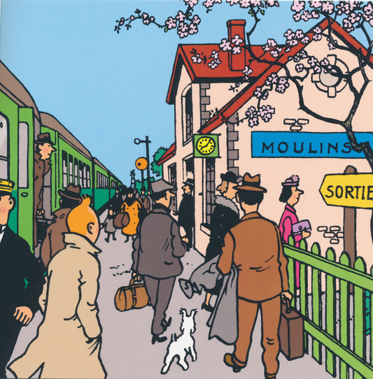 Tintin notecard illustration: Bustling train station scene with colorful characters, green train, and "Moulins" sign under cherry blossoms